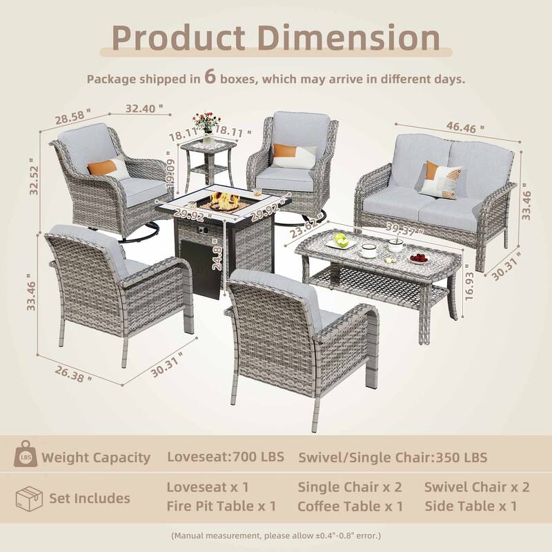OVIOS 8 Pieces Outdoor Patio Swivel Chair Conversation Set with Fire Table