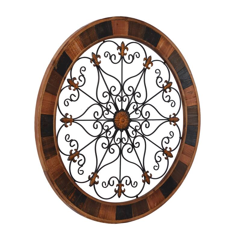 Brown Wood Medallion Scroll Home Wall Decor with Metal Fleur-De-Lis Detail