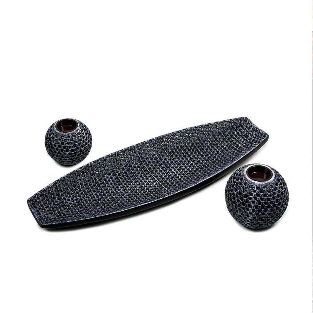 Set of 3 Fiji Black Woven Polyresin Candle Holder