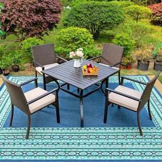5/6 Pieces Steel Square Slat Table & 4 Rattan Cushion Chairs Outdoor Patio Dining Set