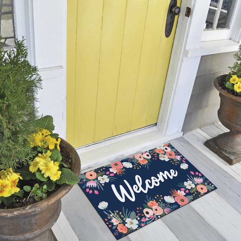Welcome Florals Indoor/Outdoor Entryway Floor Mat Made in The USA Low Profile, Non-Skid Rubber Backing, 29.5" by 17.75"