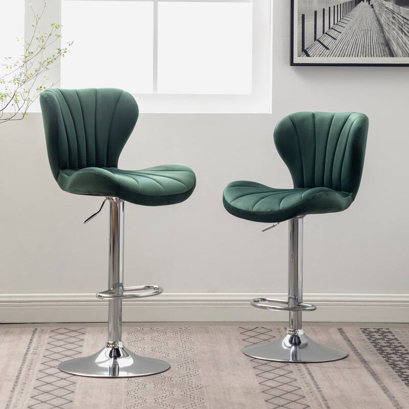 Set of 2 Adjustable Swivel Barstools with Upholstered Bucket Seats and Chrome Footrest. - Green