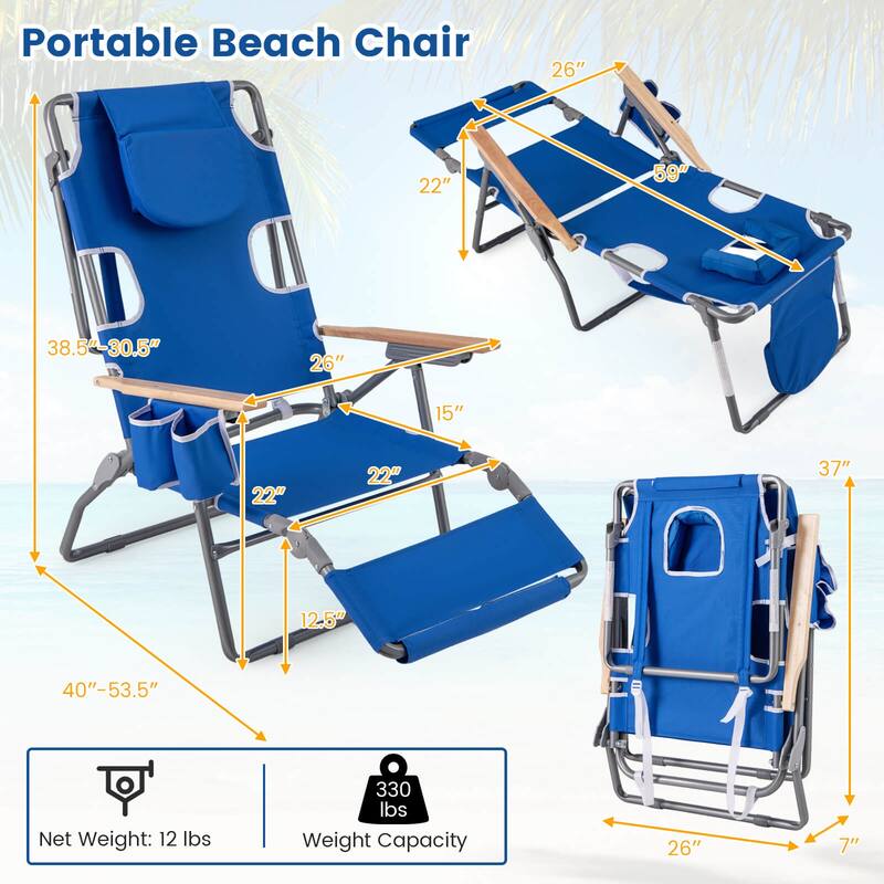 Costway 1/2 PCS 3-IN-1 Foldable Beach Chair with Face Hole, Footrest,
