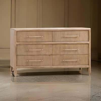 Dory 66 Inch Dresser, 6 Drawers, Bar Handles, Wire Brushed Brown Wood