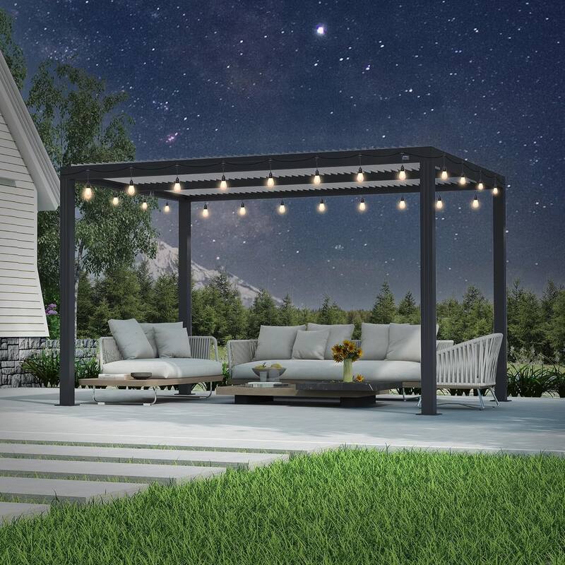 PURPLE LEAF Louvered Pergola with Solar Lights Hardtop Gazebo for Patio - 10' x 12' - Grey Frame & White Roof