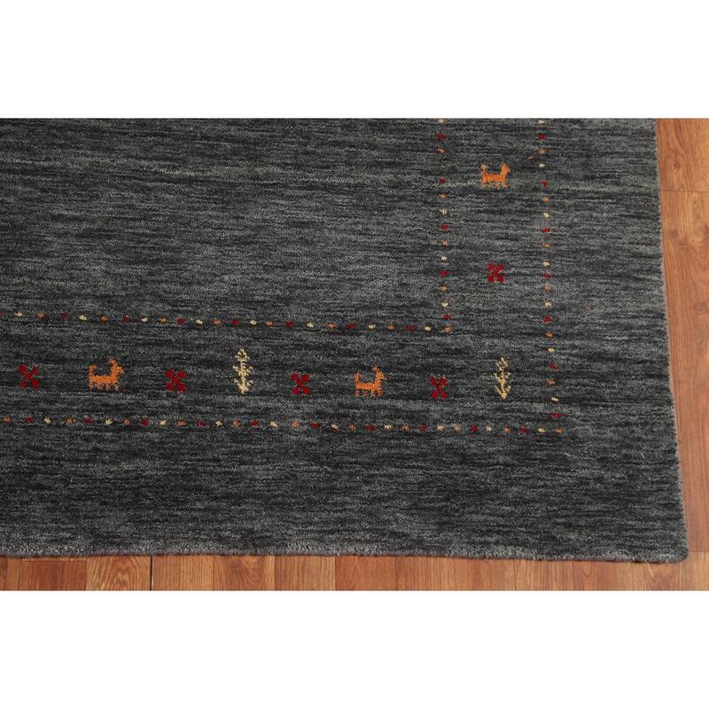 Tribal Green Gabbeh Indian Area Rug Handmade Wool Carpet - 6'8"x 9'9"