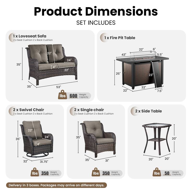 Gymojoy 8-Piece Outdoor Wicker Patio Furniture Set with Swivel Glider Rocker & 55,000 BTU CSA Propane Fire Pit