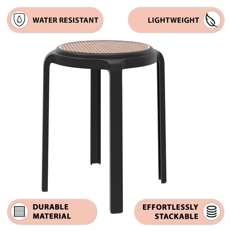 Tresse All-Weather Round Stackable Dining Stool with Wicker-Style Seat for Indoor, Outdoor, Patio, and Kitchen Set of 2