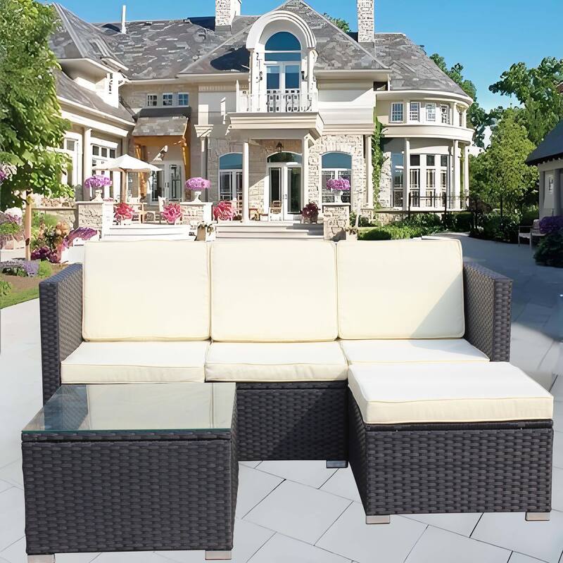 5-Piece Outdoor Rattan Sectional Sofa Set with Coffee Table & Cushions