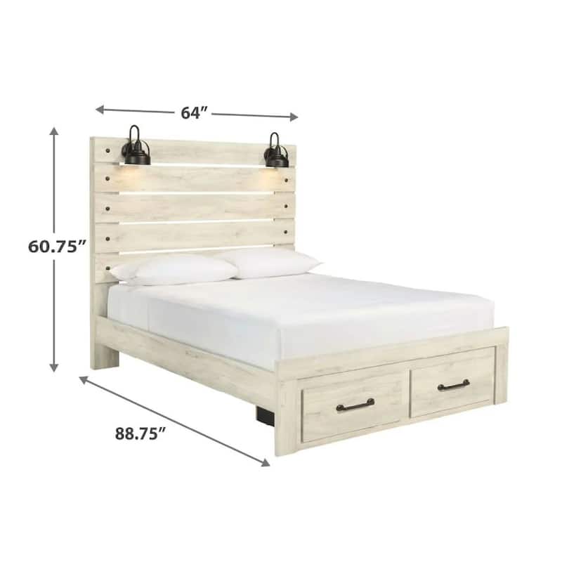 Cemy Queen Size Bed, 2 Footboard Drawers, 2 Sconce Lights, Whitewash