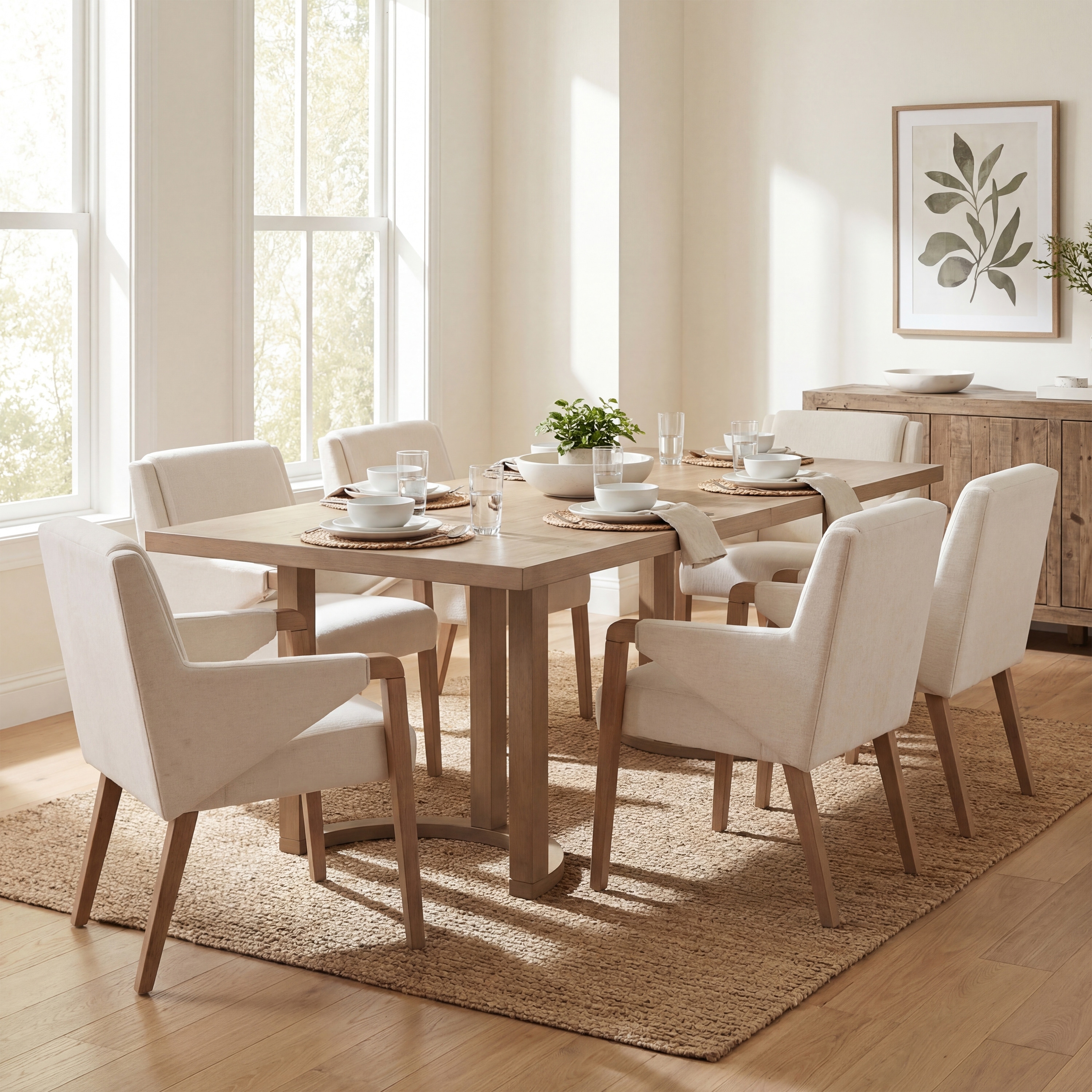 Christopher Knight Home - 7-Piece Wood Top Rectangular Dining Table Set with Trestle Base and Upholstered Dining Chairs