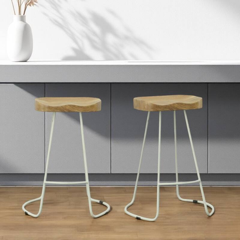 25” Set of 2 Backless Mango Wood Seat Bar Stool with Steel Frame and Footrest for Kitchen Island - 25.25”H x 18.5”W x 17”D - Natural-White