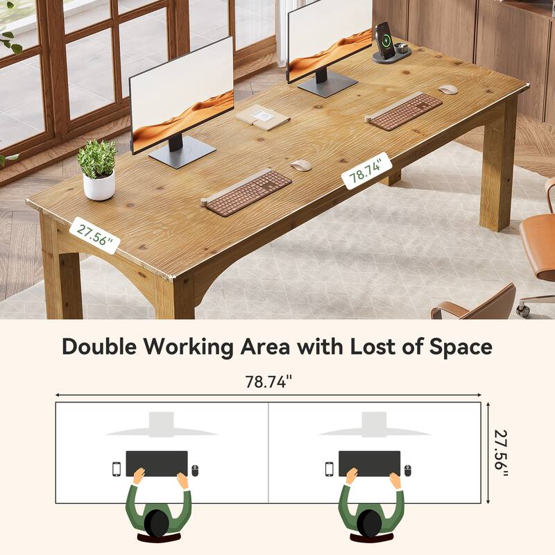 Solid Wood Two Person Desk, 79 Inch Extra Long Computer Desk