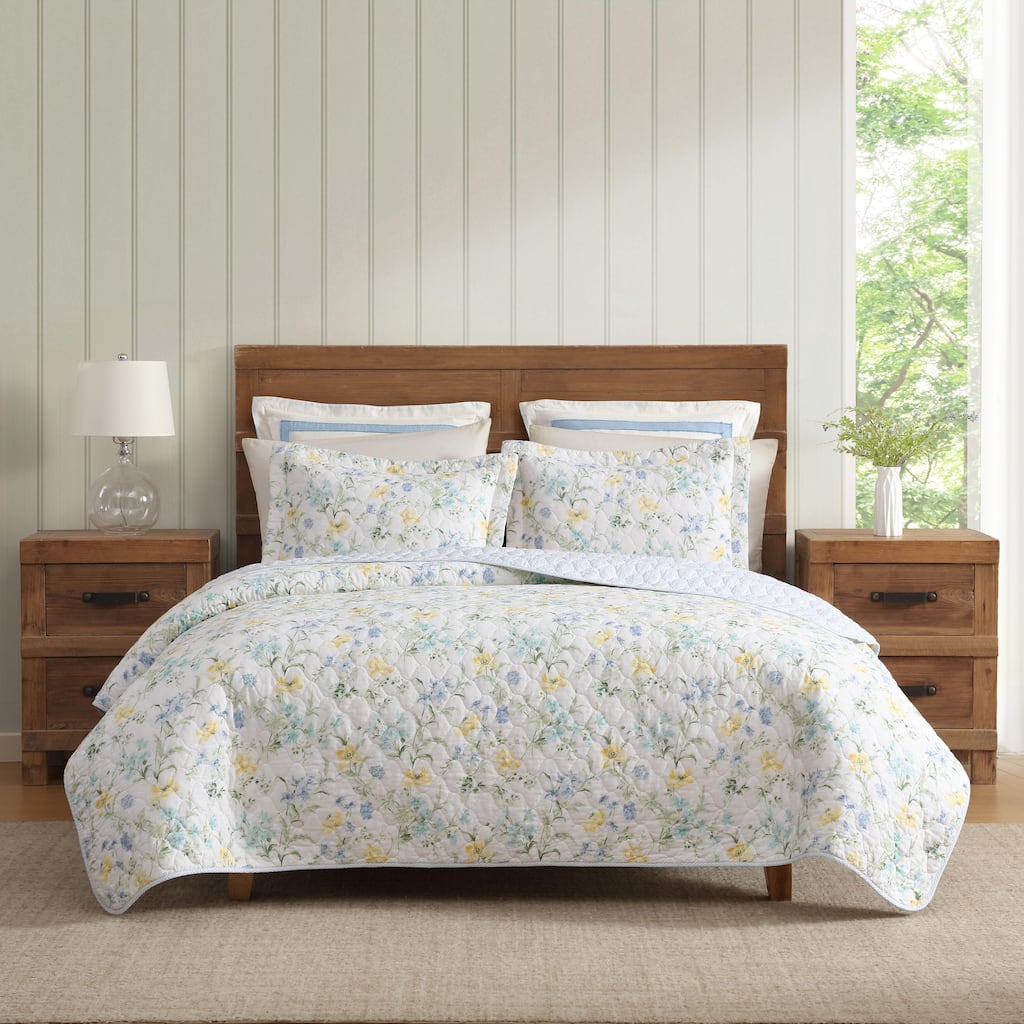 Laura Ashley Poppy Meadow Cotton Reversible Blue Quilt Set