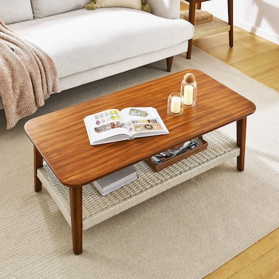 Mid-Century Coffee Table with Woven Shelf