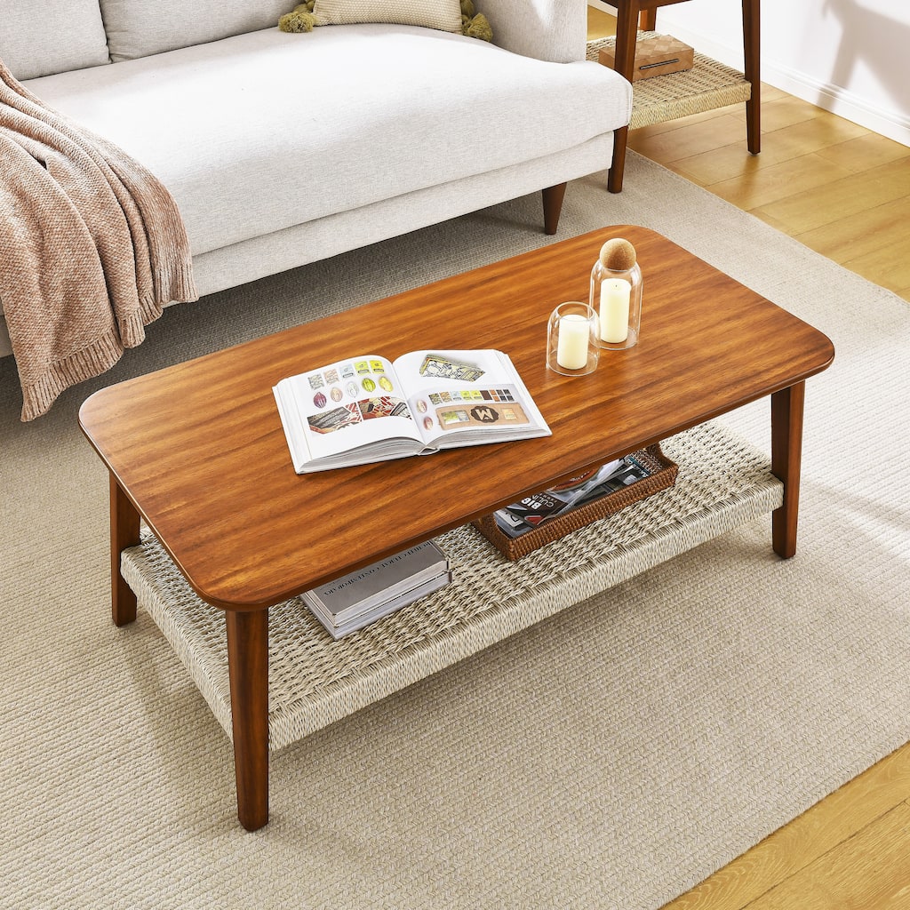 Roomfitters Mid-Century Coffee Table, Boho Rattan Shelf, Rectangular Farmhouse Wood Tea Table, Walnut