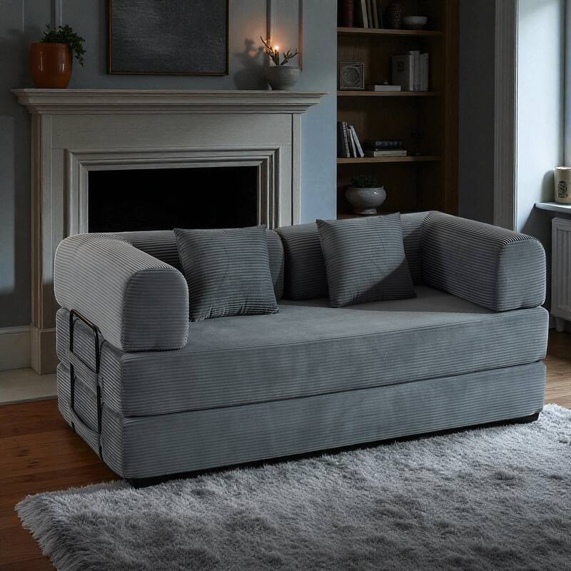 Convertible Corduroy Sleeper Sofa Bed, 4-in-1 Folding Mattress Couch with Cylindrical Pillow & Fixed-Shape Frame, No-Assembly