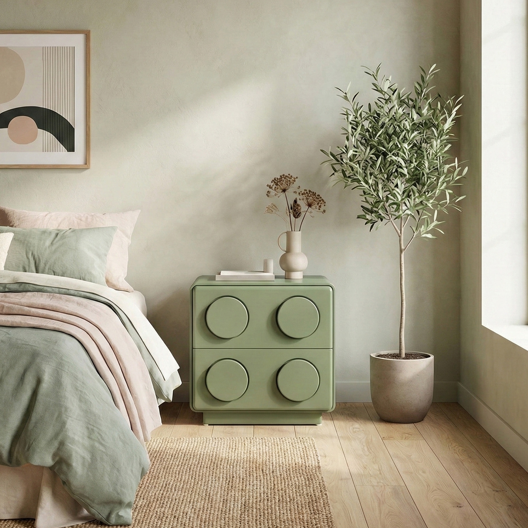 Modern MDF Nightstand with Fixed Round Handles and Two Drawers, Green Finish