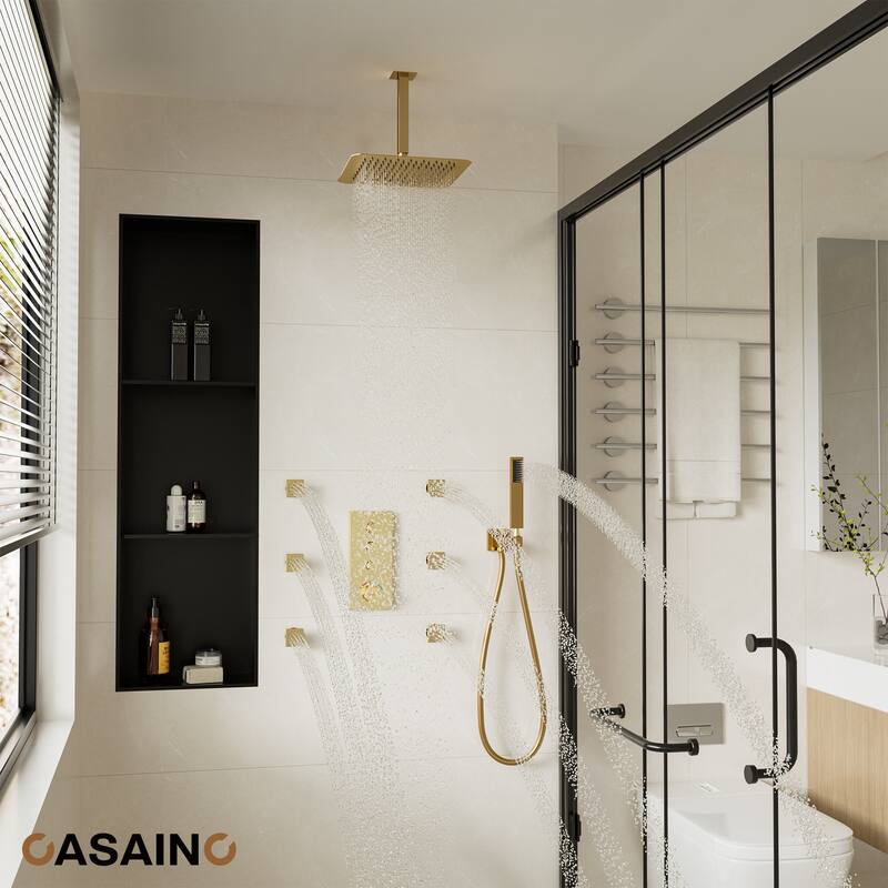 Luxury Thermostatic Shower System 1-Spray Patterns Ceiling Mount Fixed Shower Head and Handheld Spray with 6 Body Jets - Brushed Gold