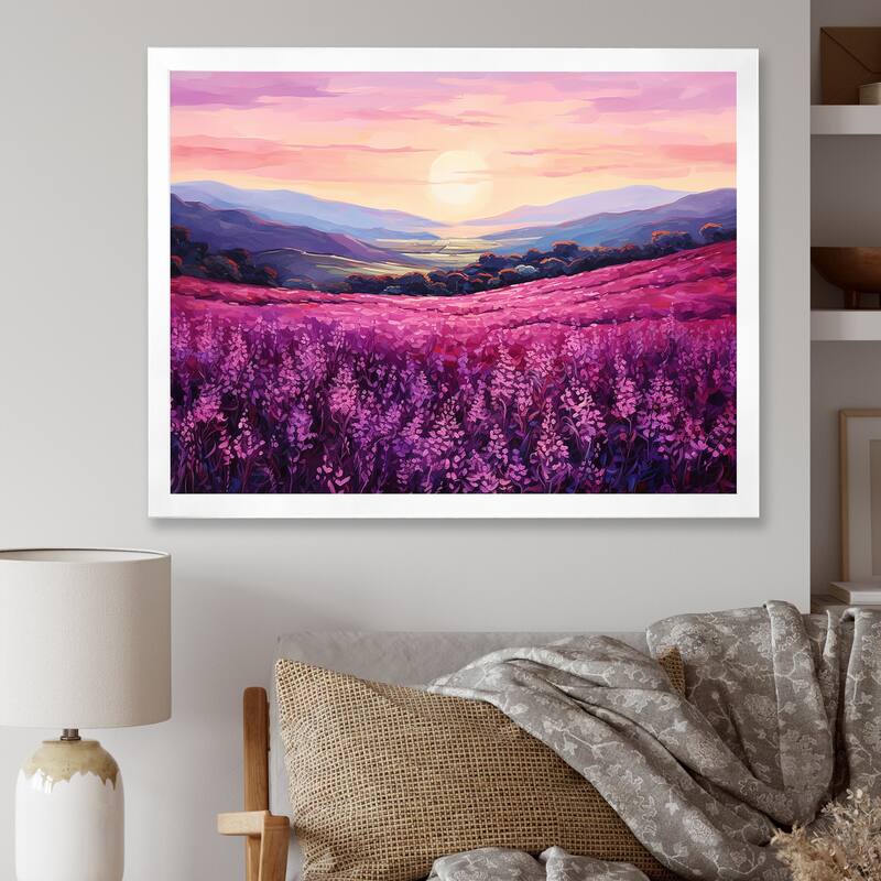 Designart "Bloomed Flower Horizons At Sunset I" Flower Framed Wall Art Prints - 40 in. wide x 30 in. high - White