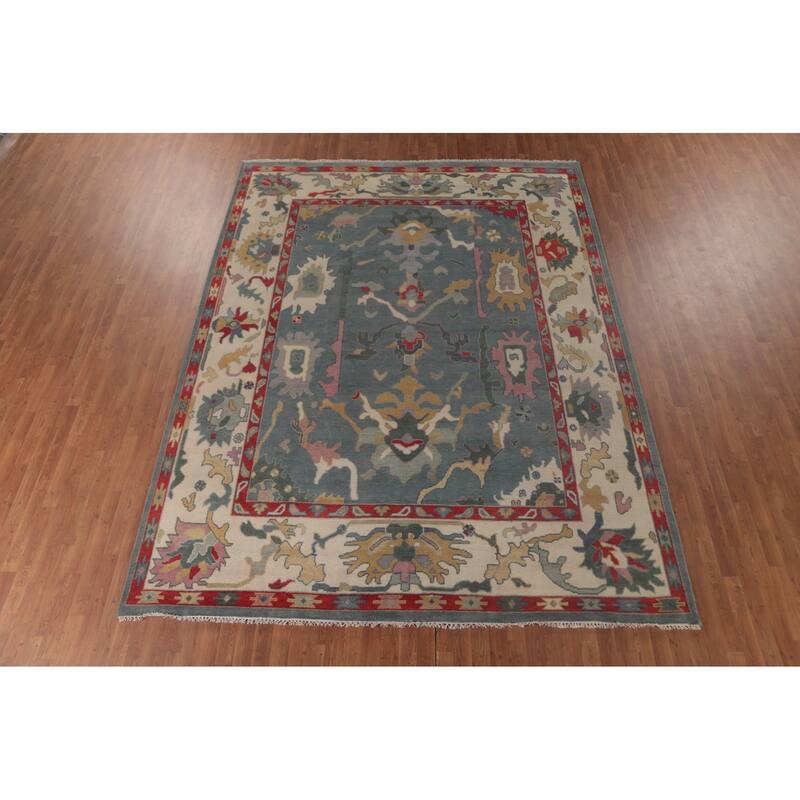 Light Blue Oushak Area Rug Hand-Knotted Transitional Wool Carpet - 9'1" x 11'9"