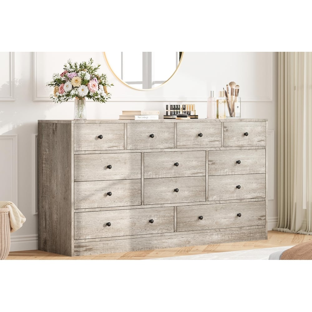 12 Drawer Dresser for Bedroom with Power Outlet, 61 Inch Wooden Storage Cabinet