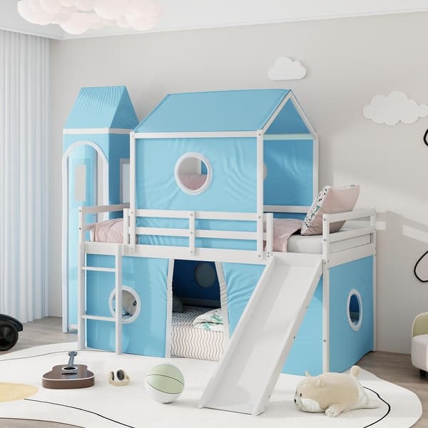 slide 2 of 59, House Low Loft Bed with Slide & Tent Solid Wood Kids Loft Bed Frame with Tower and Ladders for Kids Teens Boys & Girls Blue - Twin