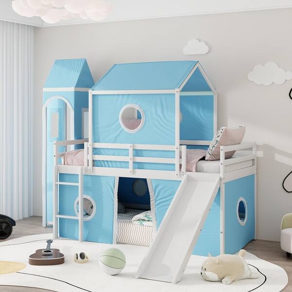slide 2 of 15, Twin Size Solid Wood Loft Bed with Slide Tent and Tower - Kids' Bedroom Furniture Blue