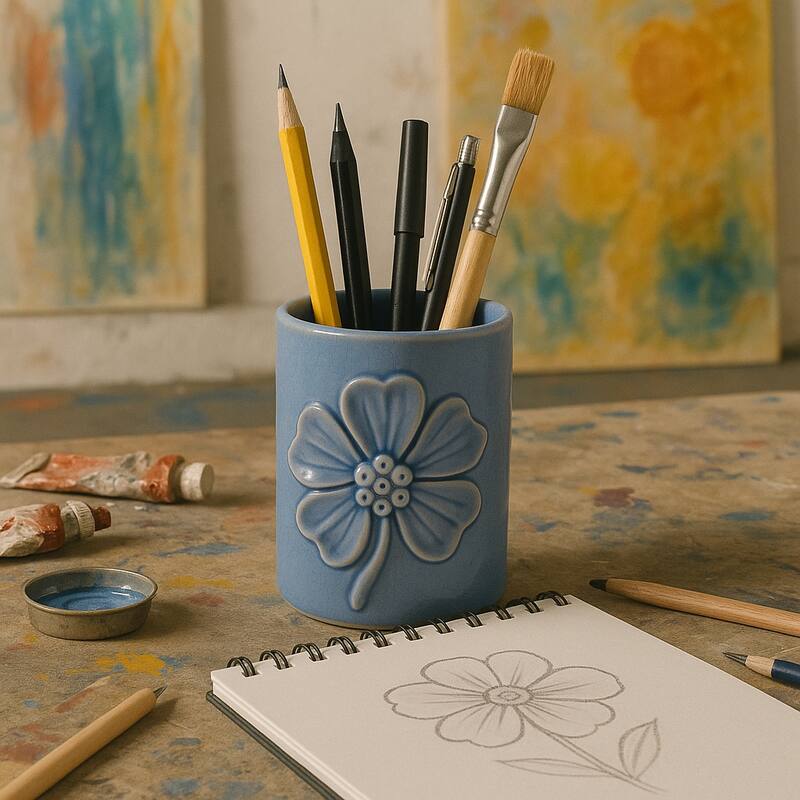Ceramic Cute Pencil Cup Decorative Flower Office Desk Accessory