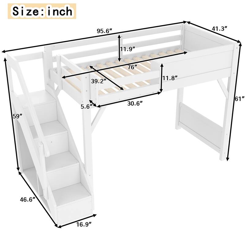 Twin Size Loft Bed with Built-in Wardrobe and Storage Space, Solid Wood Loft Bed with Beside Shelves
