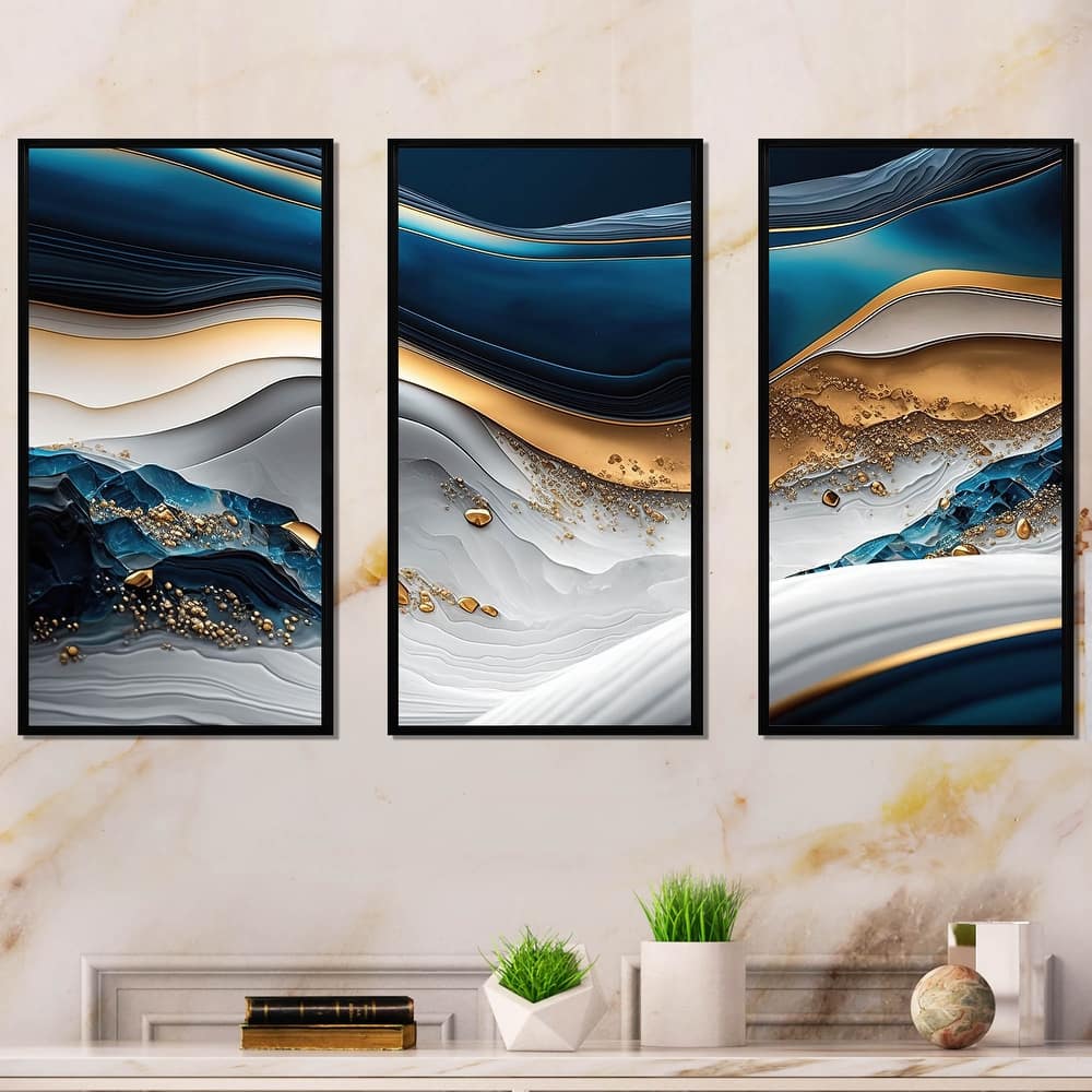 Designart "Abstract Geode Waves Blue II" Modern Waves Framed Canvas Art Print - 3 Panels