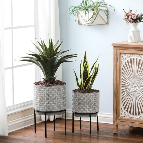 Grey Metal Cachepot Planters with Black Metal Stands (Set of 2)