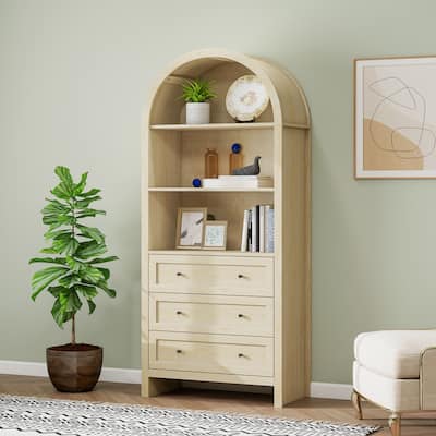 Wood Kitchen Cabinet, Storage Cabinet with Adjustable Shelves, Arched Accent Cabinet with 3 Smooth-Glide Drawers