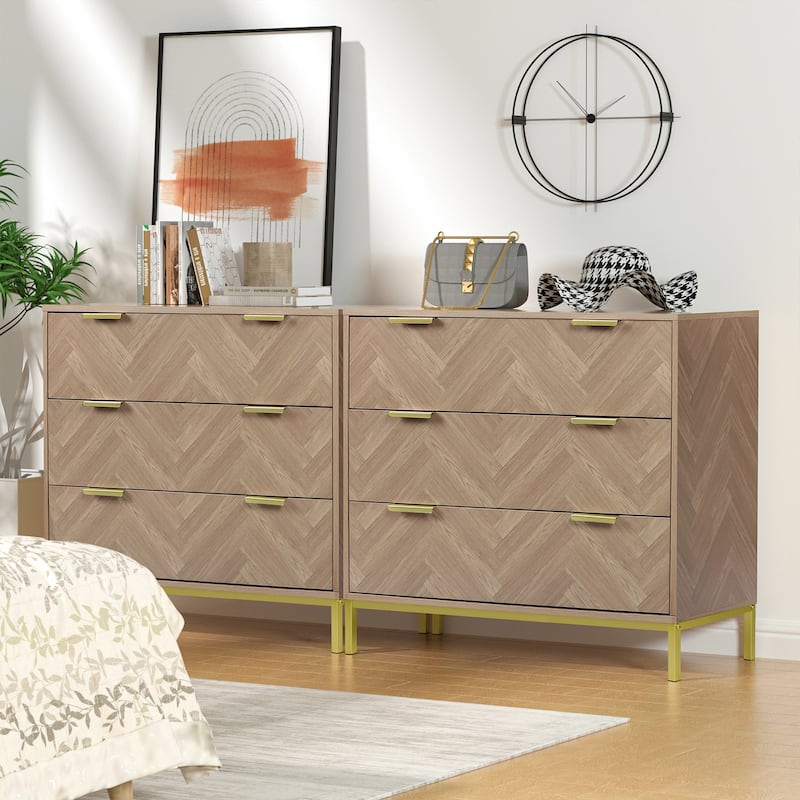 Bedroom Dresser 3-Drawer Wooden Chest of Drawers Herringbone Accent Chest Storage Nightstand 31.5"W X 29.35"H