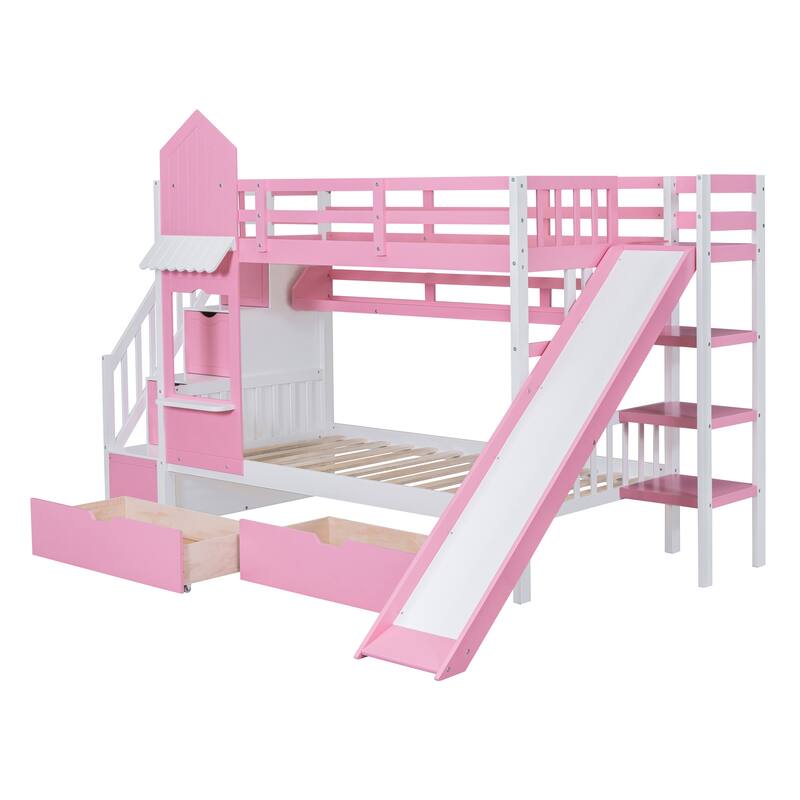 Roomfitters Twin Over Twin Castle Bunk Bed with Slide and Storage Stairs, Playhouse Design