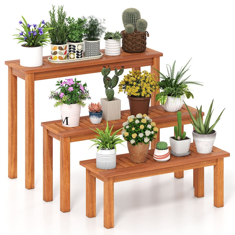 Gymax Wooden Plant Stand Set of 3 w/ Teak Oil Finish Slatted Top for - Brown