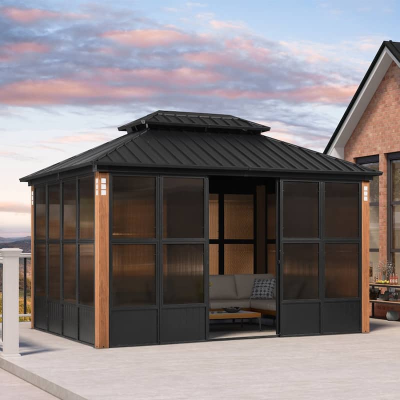 PURPLE LEAF Double Top Outdoor Sunroom Screen House Patio Hardtop Gazebo - 10' x 13' - Black