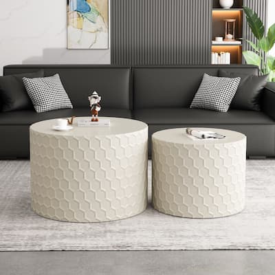 Minimalist Coffee Table Set of 2, 23.6" Round Drum Side Tables, Nesting Wooden Centerpiece Table for Living Room, Lounge