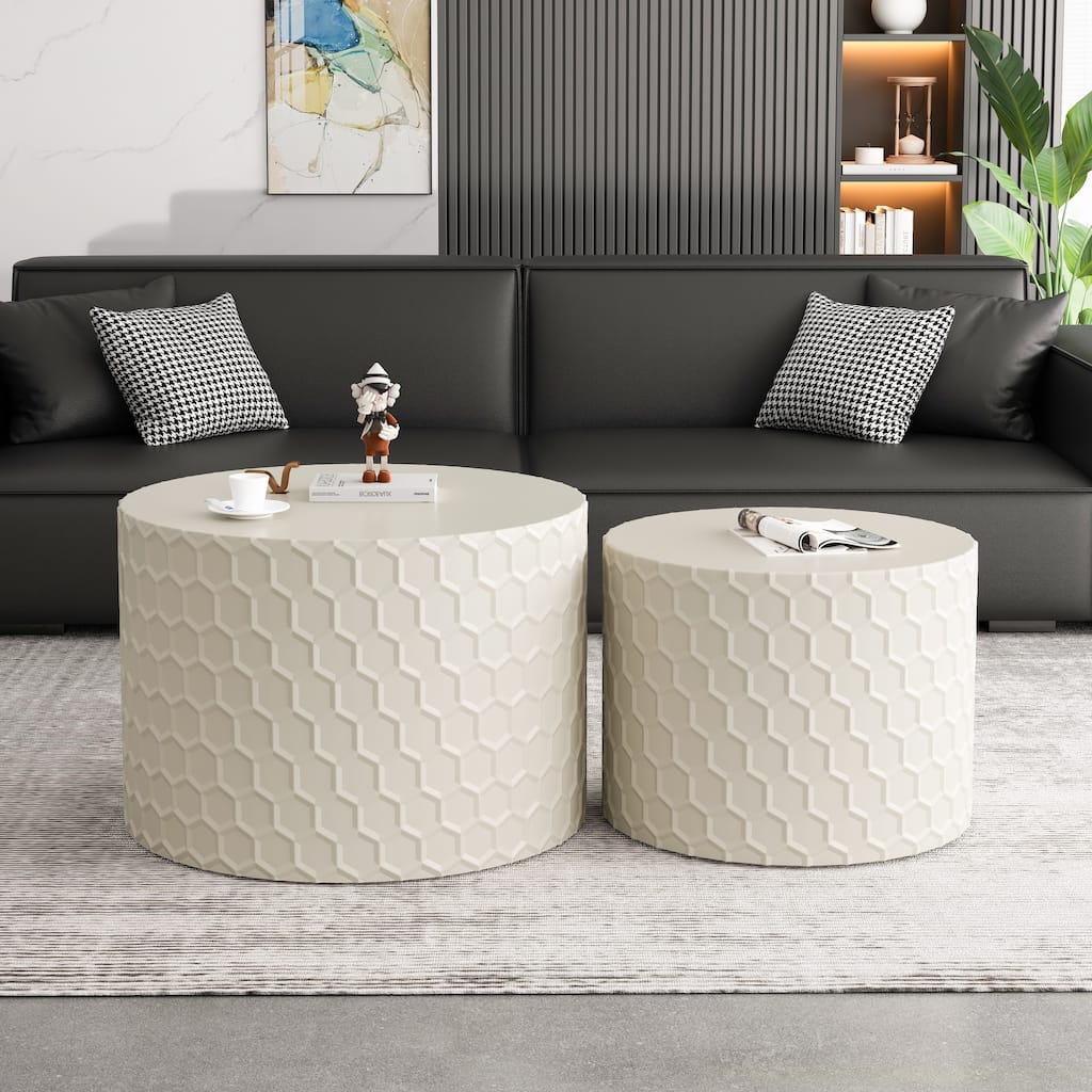Minimalist Coffee Table Set of 2, 23.6" Round Drum Side Tables, Nesting Wooden Centerpiece Table for Living Room, Lounge