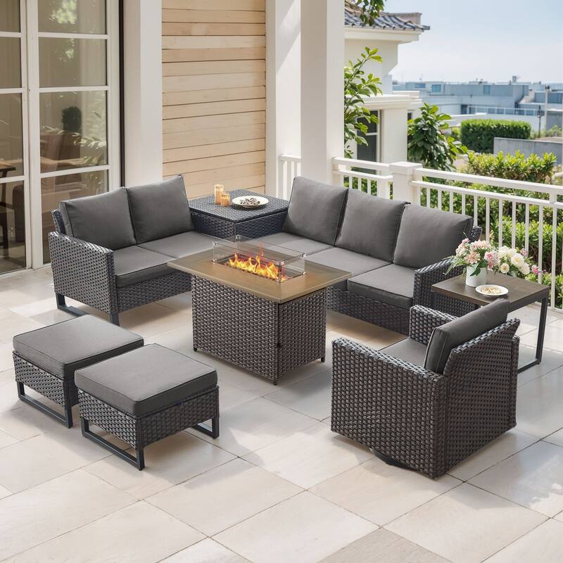 Gymojoy 6-8 Person All-Weather Wicker Outdoor Conversation Set Seating Group With Fire Pit Table