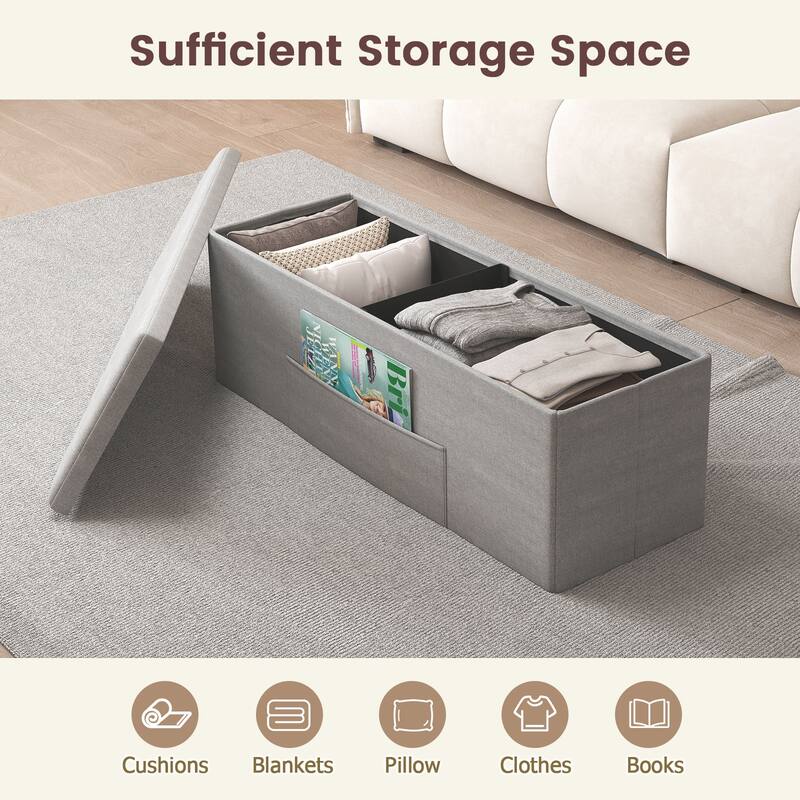 Large 38 Gallon Linen Fabric Storage Ottoman Bench Folding Multipurpose Footrest and Seat with Foam Cushion - 43" × 15" × 15"