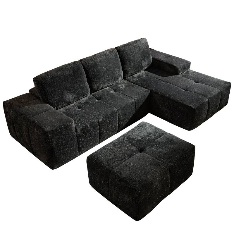 HOOOWOOO Modern Sparkly Velvet Fabric Chaise Sofa Couch with Ottoman