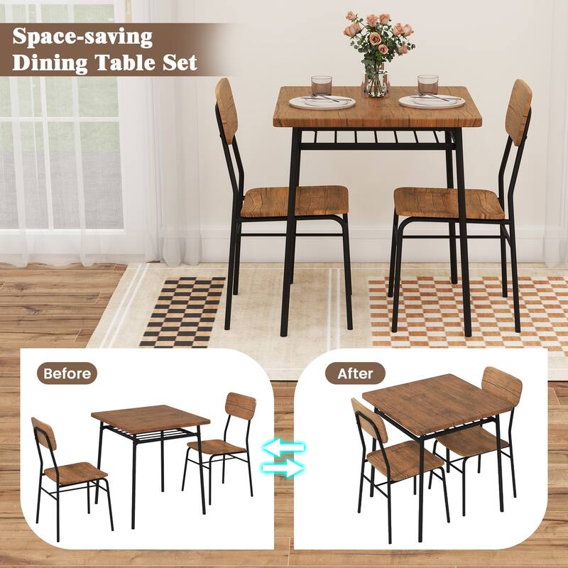 Gymax 3-Piece Wood Square Kitchen Table & Chair Set w/ Metal Frame