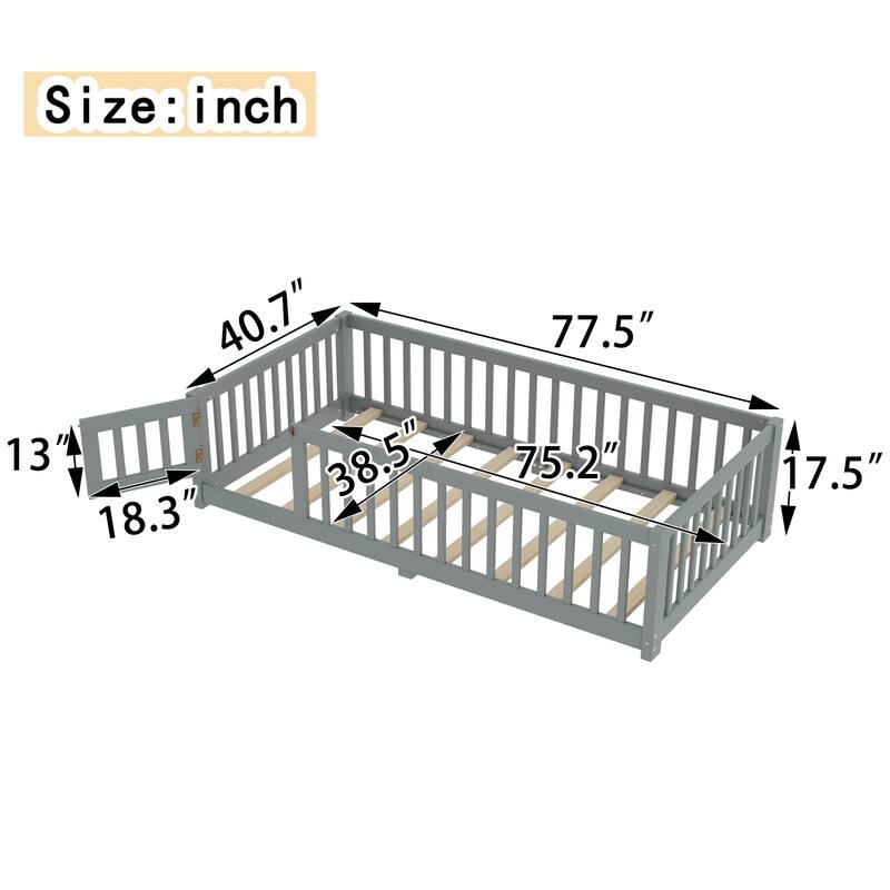 Montessori Toddler Floor Bed with Fence and Switchable Door, Low Profile Bed Frame with Removable Slats, Safe Transition Bed