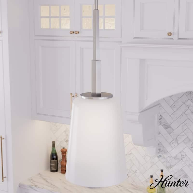 Hunter Nolita 1 Light Pendant, Kitchen Island, Dining Room, Contemporary, White Glass Shade - 9" - Brushed Nickel