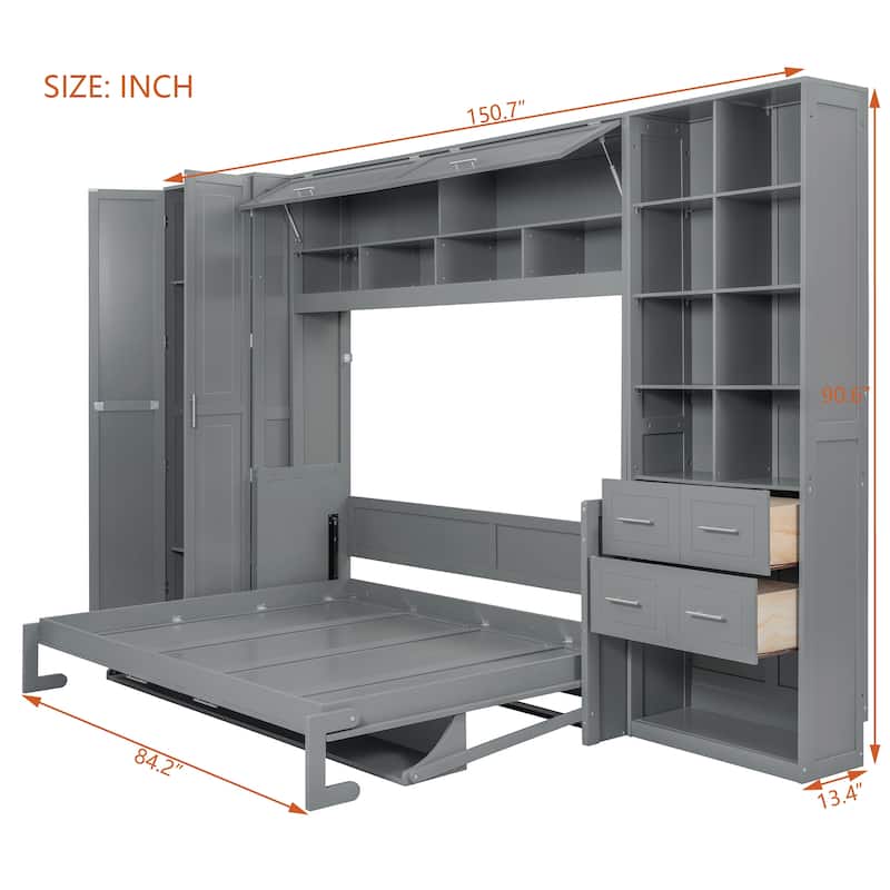 Queen Murphy Bed with Built-In Closet, 3 Drawers & Shelves - Space-Saving Wall Bed with Storage for Bedroom