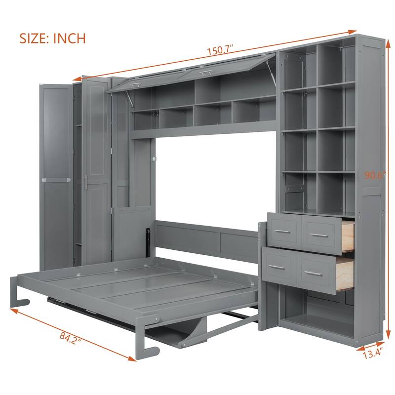 Versatile Queen Size Murphy Bed with Long Desk, Storage Folding Bed Frame with Closet, Cabinets, Drawers and Shelves