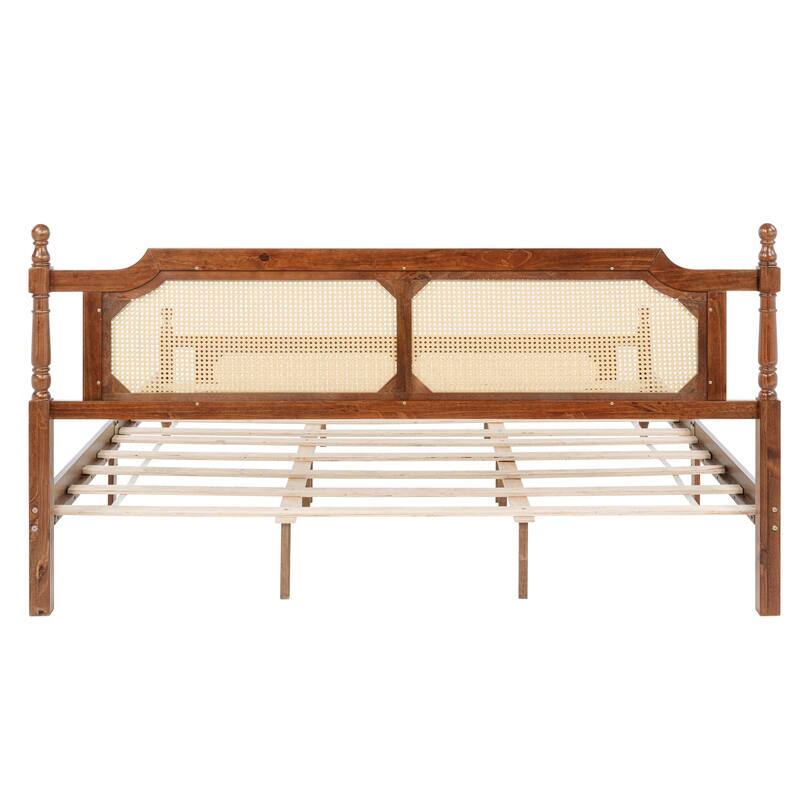 Solid Pinewood Storage Bed Frame, Queen/King Size Platform Bed with Rattan Headboard and Footboard, Spherical Head Bedposts