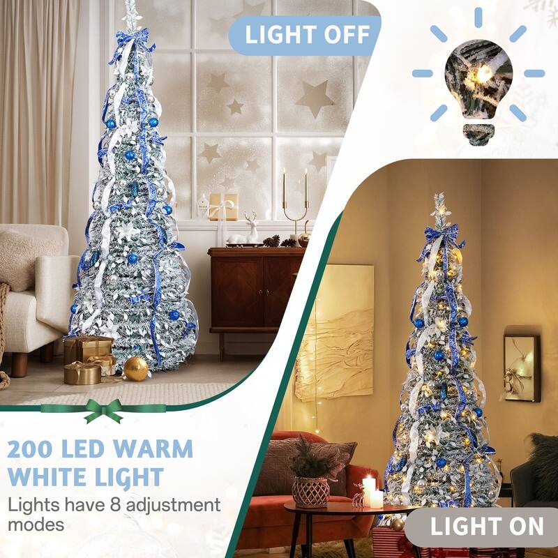 7 FT Fully Decorated Pre-lit Pop Up Artificial Xmas Tree with 200 Warm Lights Remote Control