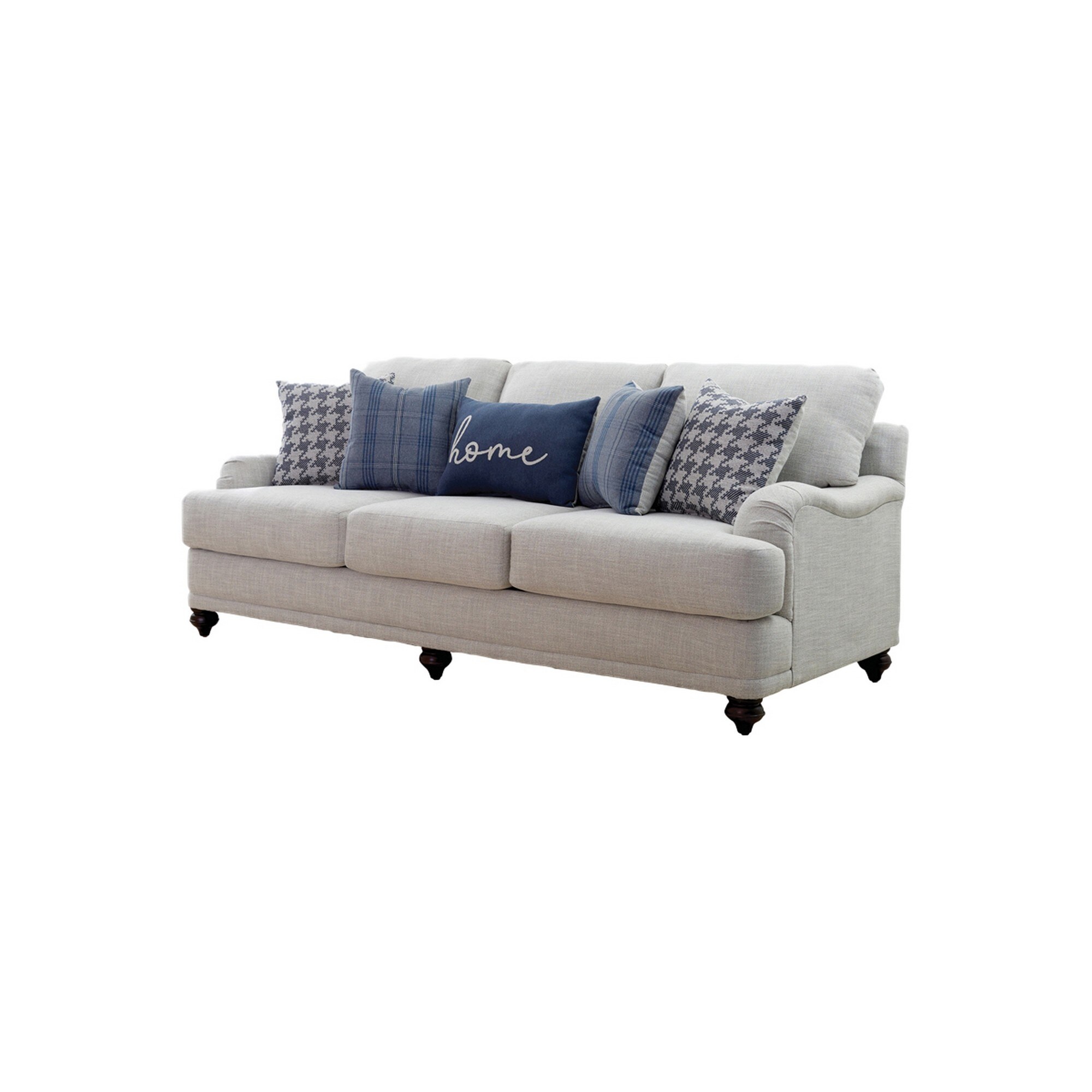 Benjara Fabric Upholstered Sofa with Sloped Armrests and Turned Legs, Light Gray